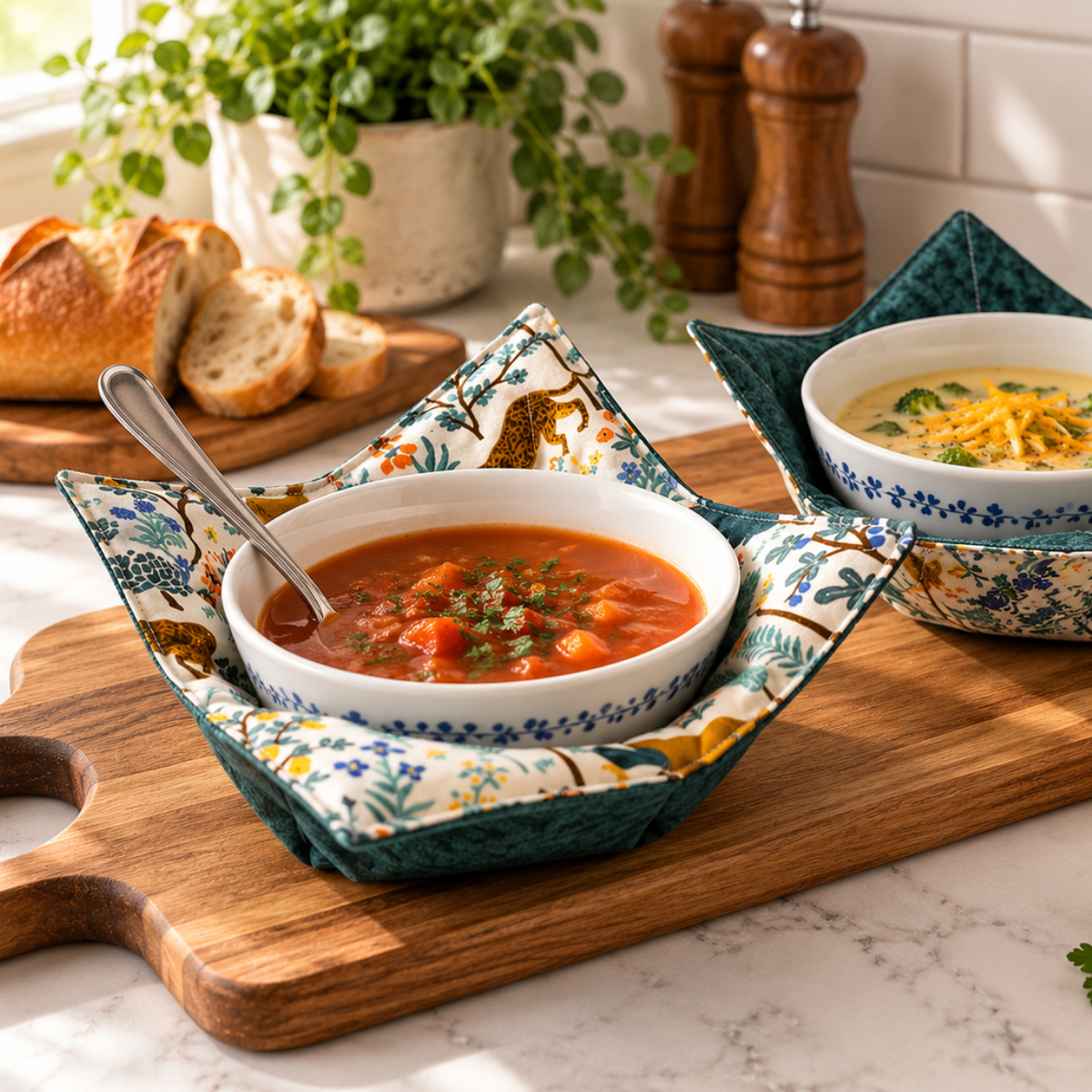 two bowls of food sitting on sewn bowl cozies on a cutting board on top of a counter.