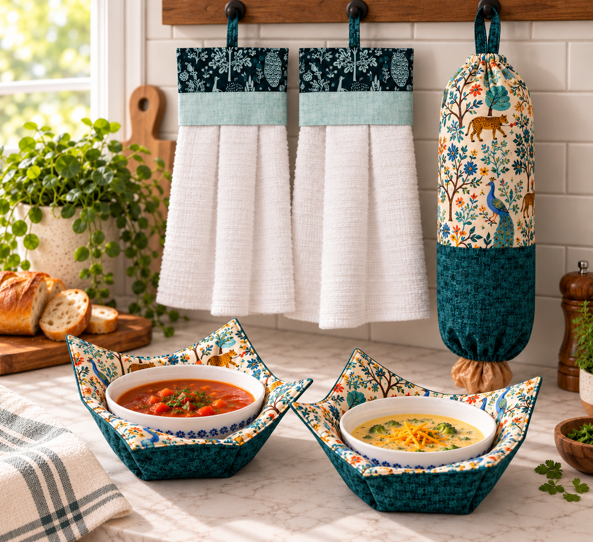 Collection of sewn kitchen items including bowl cozies, kitchen towels, and plastic bag holder.