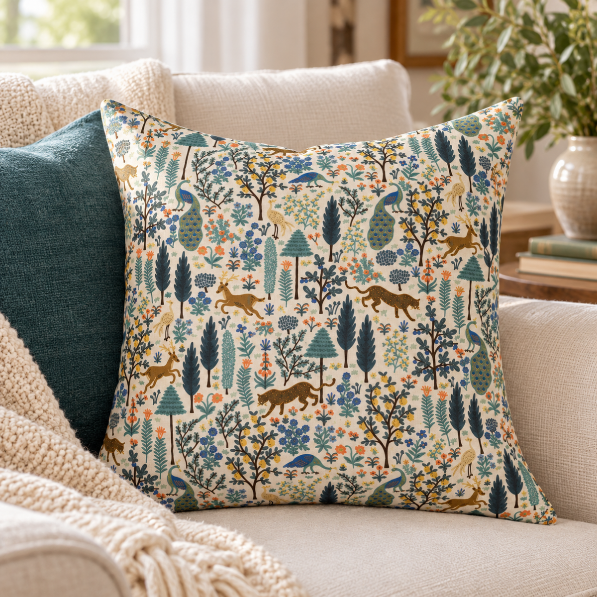 Sewn pillow with a floral and animal print fabric sitting on a white couch.