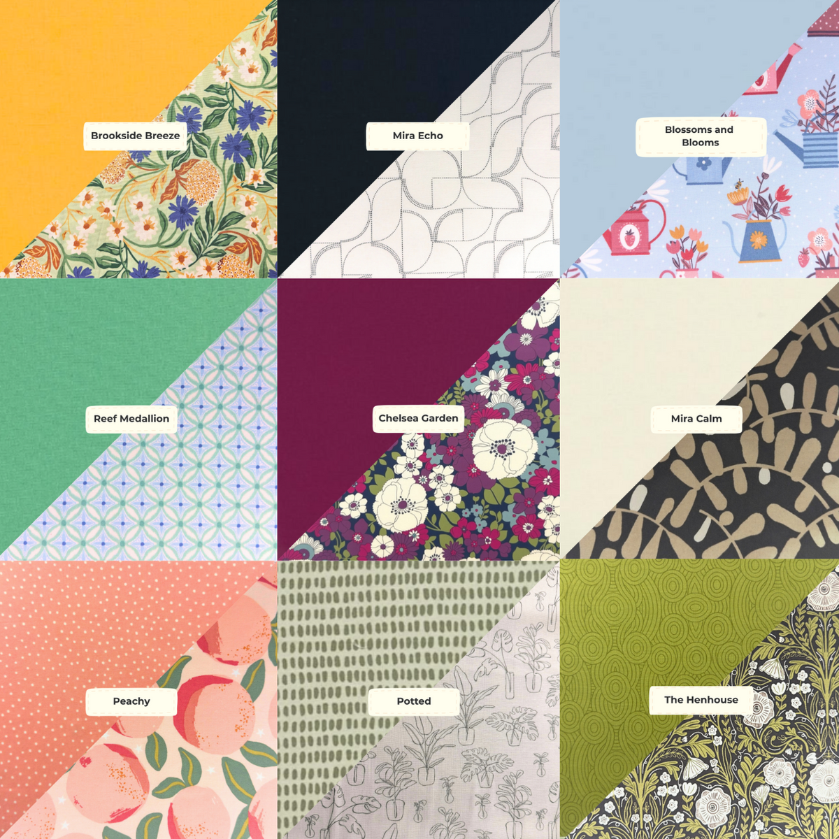 A grid of 9 custom color sets of fabric each showing a pairing of solod color fabrics with an associated patterned fabric. Color pairings are for yellow, black, blue, green, magenta, pink, and beige.