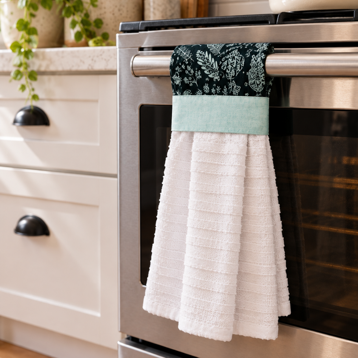 Teal, black, and white sewn hand towel handing from an oven handle in a kitchen.