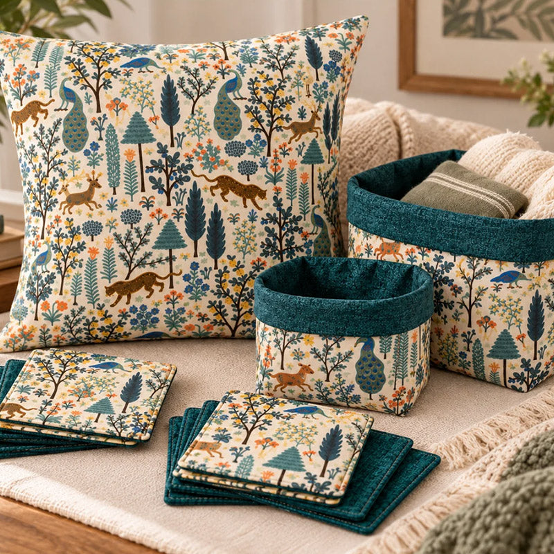 A collection of sewn patterned materials including a pillow, bucket containers, and pot holders.